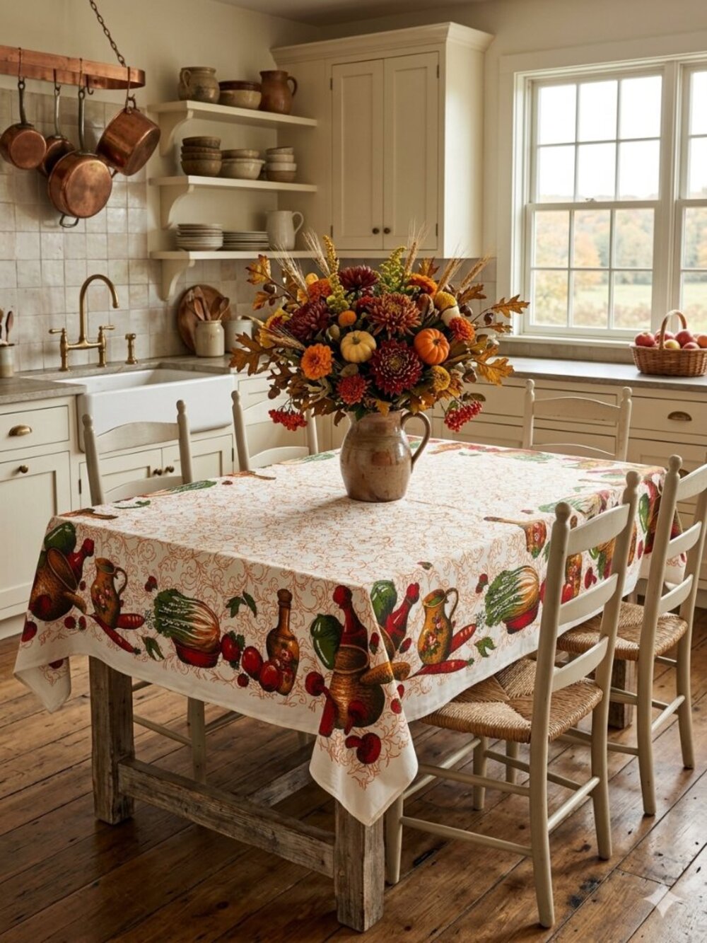 Vintage Autumn Harvest Vegetable Print Cotton Tablecloth 4.5’ x 5.5’ Farmhouse